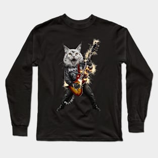 Cat Rock Maine Coon Funny Electric Guitar Punk Rocker Gift For Cat Mum Mom Dad Heavy Metal Kitten Cats Lover Long Sleeve T-Shirt